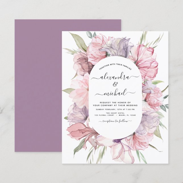 Lámina Invitación a la boda púrpura rosada del Boho de pr (Anverso / Reverso)