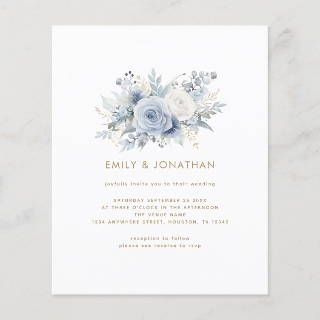 Lámina Invitación a la boda QR de Budget Blue Florals Gol (Anverso)