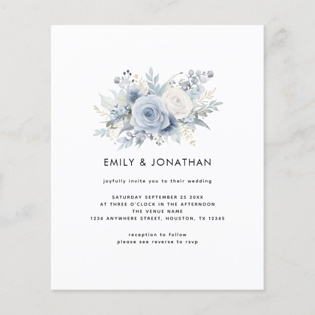 Lámina Invitación a la boda QR de Budget Modern Blue Flor (Anverso)