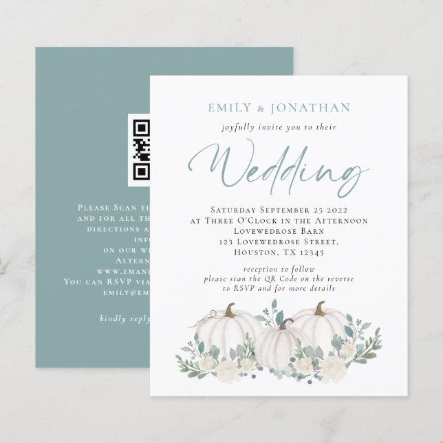 Lámina Invitación a la boda QR de la Foliage Verde azulad (Anverso / Reverso)