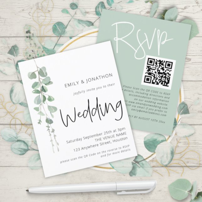 Lámina Invitación a la boda QR del Eucalyptus Moderno de  (Front and back view)