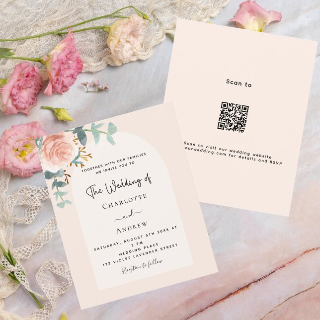 Lámina Invitación a la boda QR RSVP con arco de rosa flor (Subido por el creador)