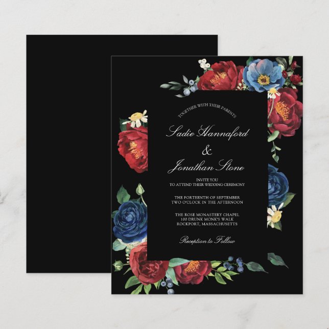 Lámina Invitación a la Boda Roja Azul Borgoña de la Marin (Anverso / Reverso)