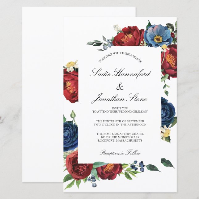 Lámina Invitación a la Boda Roja Azul Borgoña de la Marin (Anverso / Reverso)