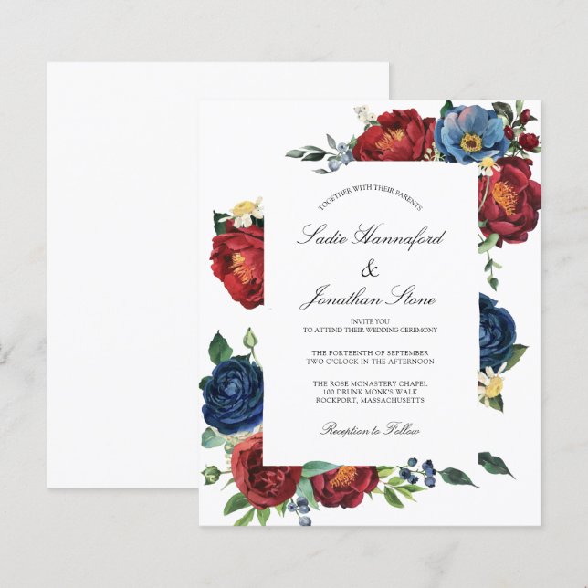 Lámina Invitación a la Boda Roja Azul Borgoña de la Marin (Anverso / Reverso)