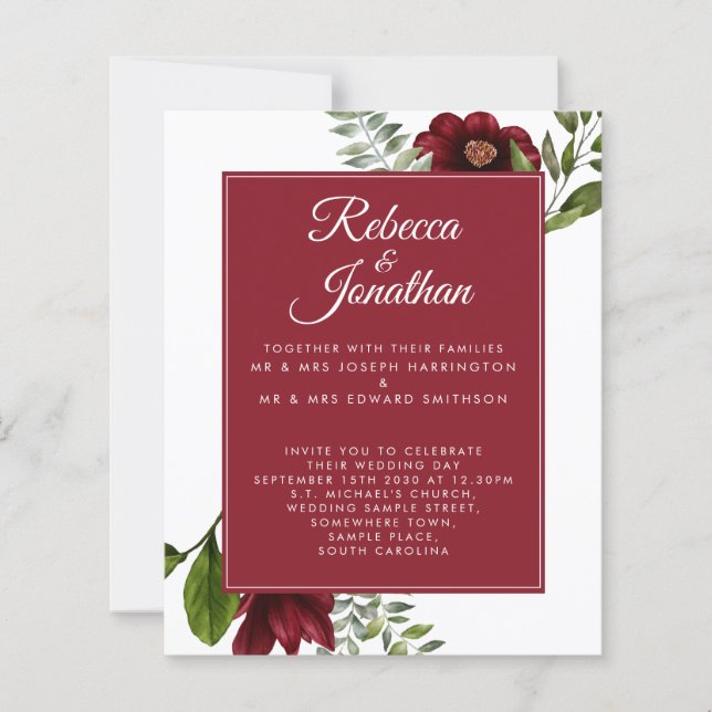 Lámina Invitación a la boda roja borgoñona floral presupu (Anverso)