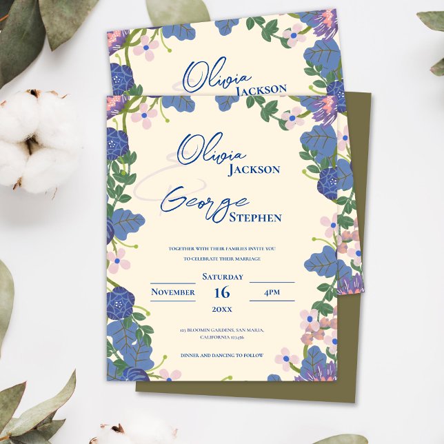 Lámina Invitación a la Boda Romántica con Flores Púrpura  (Purple and Blue Floral Romantic Wedding Invitation)