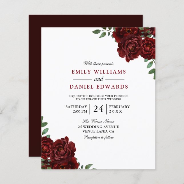 Lámina Invitación a la boda romántica de Roses Rojos (Anverso / Reverso)