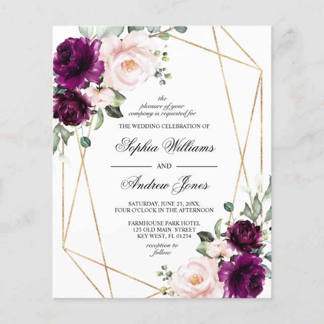 Lámina Invitación a la boda rosa rosa púrpura y Rubor de  (Anverso)
