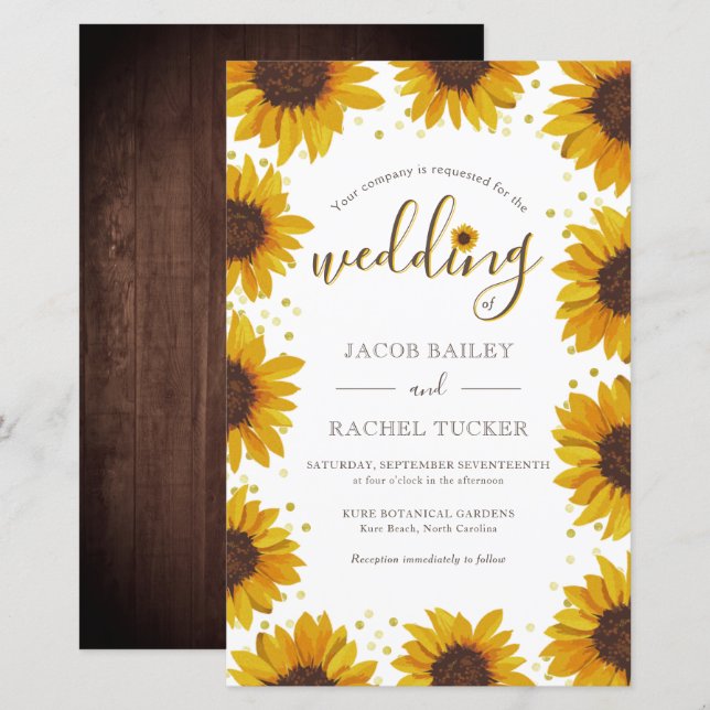 Lámina Invitación a la boda Rustic Sunflowers Gold Dots (Anverso / Reverso)