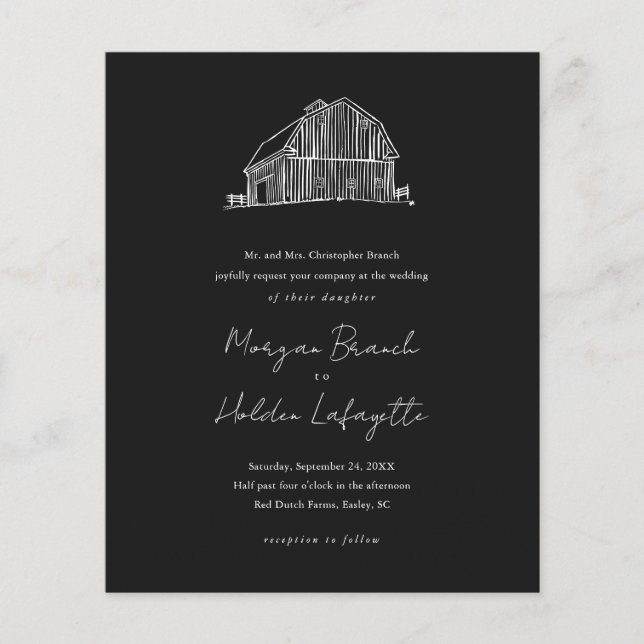 Lámina Invitación a la boda rústica de Barn Sketch de pre (Anverso)