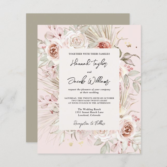Lámina Invitación a la boda rústica del Boho floral PInk  (Anverso / Reverso)