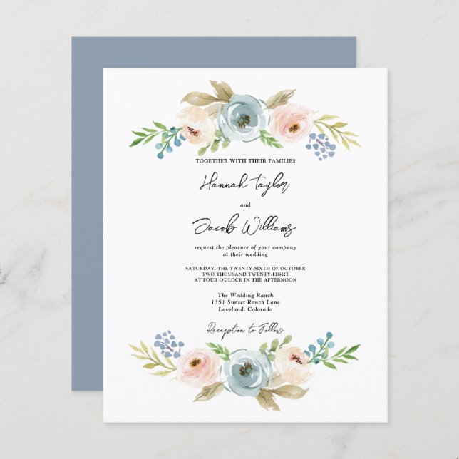 Lámina Invitación a la boda rústica floral azul y agitada (Anverso / Reverso)