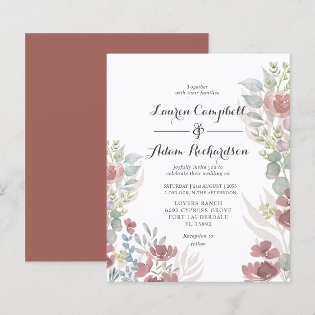 Lámina Invitación a la boda rústica y floral de terracota (Anverso / Reverso)