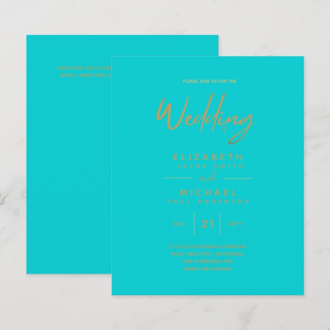 Lámina Invitación a la boda sencilla turquesa de oro mode (Anverso / Reverso)