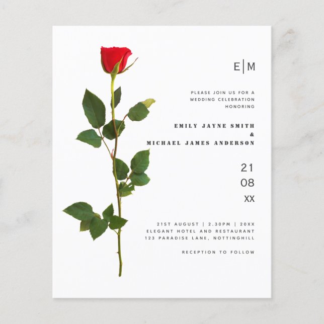 Lámina Invitación a la boda simple de la rosa roja del pr (Anverso)