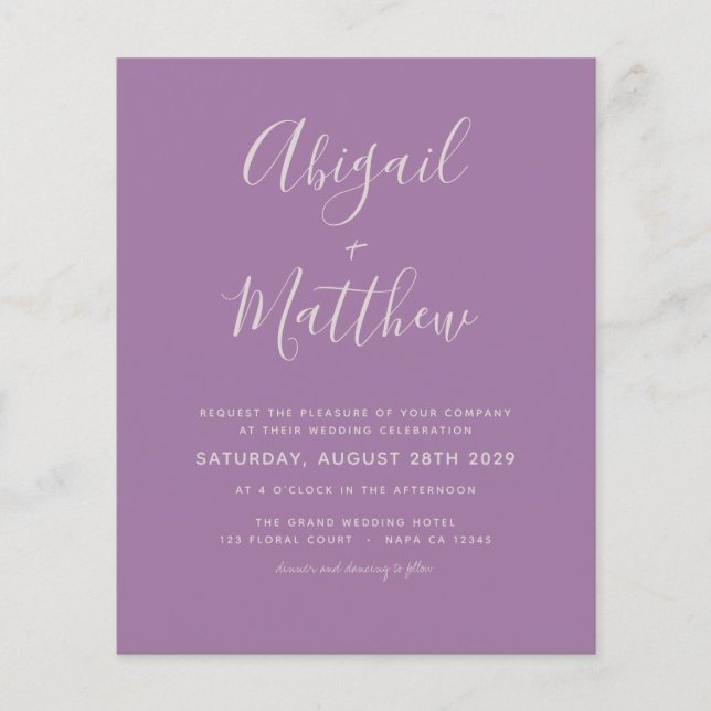Lámina Invitación a la boda simple púrpura y dura del pre (Anverso)