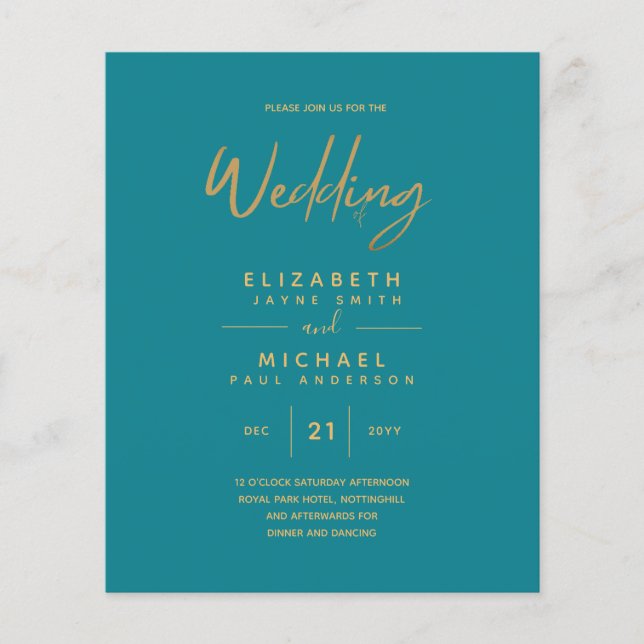 Lámina Invitación a la boda simple Verde azulada de oro m (Anverso)
