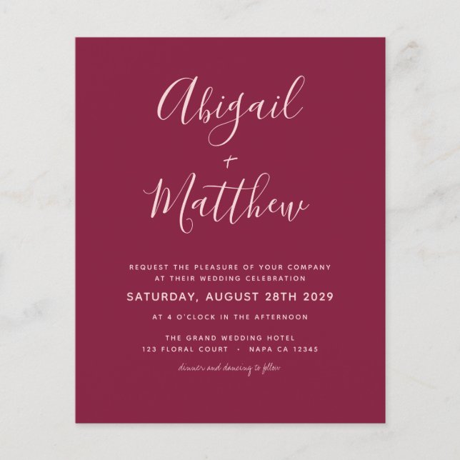 Lámina Invitación a la boda simple y moderna de Borgoña (Anverso)