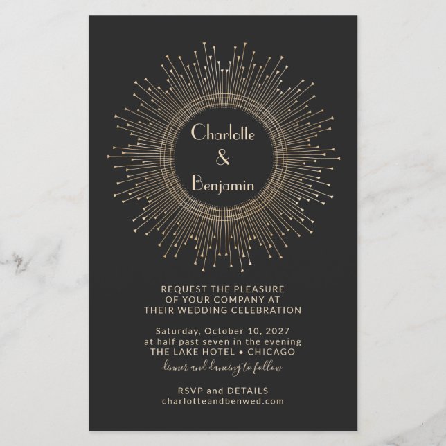 Lámina Invitación a la boda Starburst Gold Black Elegant  (Anverso)