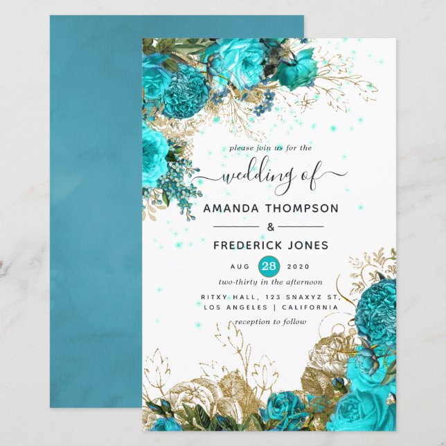 Lámina Invitación a la boda turquesa y del Shabby de oro (Anverso / Reverso)
