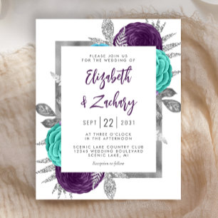 Lámina Invitación a la boda Verde azulada de plata floral