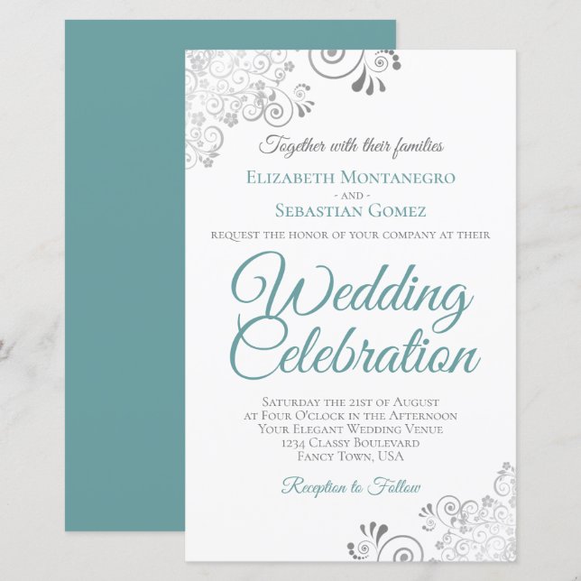 Lámina Invitación a la boda Verde azulada y blanca de Lac (Anverso / Reverso)