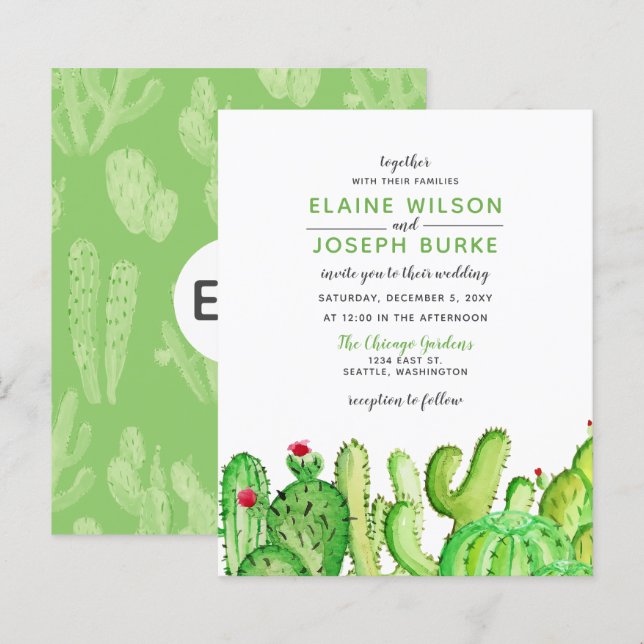 Lámina Invitación a la Boda Verde de Fiesta Cactus de Pre (Anverso / Reverso)