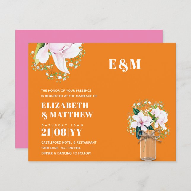 Lámina Invitación a la Boda Verde de Magnolias Rosadas Fl (Anverso / Reverso)