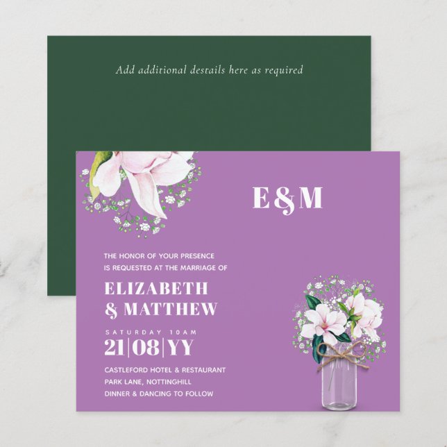 Lámina Invitación a la Boda Verde de Magnolias Rosadas Fl (Anverso / Reverso)