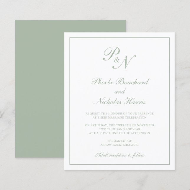 Lámina Invitación a la boda verde de monograma (Anverso / Reverso)