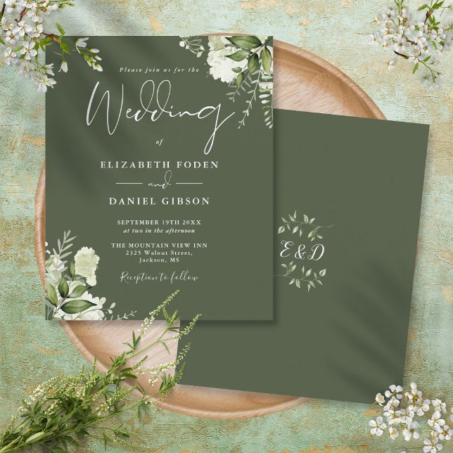 Lámina Invitación a la Boda Verde de Oliva de Verdor Pres (Budget Greenery Olive Green Wedding Invitation)