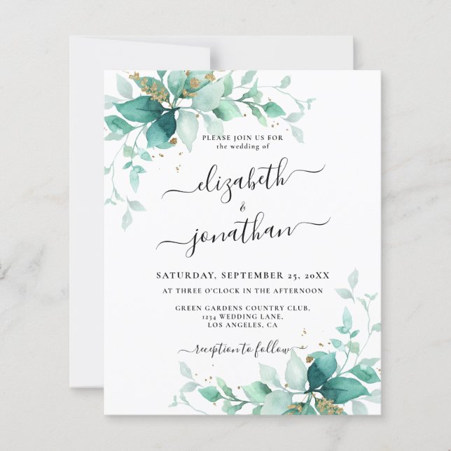Lámina Invitación a la Boda Verde de Oro de Mint Green Bu (Anverso)