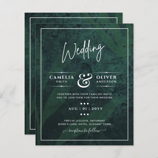 Lámina Invitación a la boda verde esmeralda Gypsophila (Anverso / Reverso)