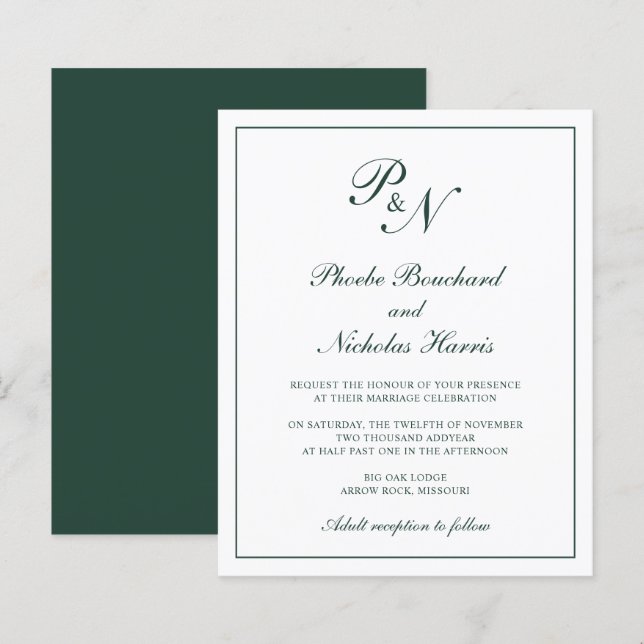 Lámina Invitación a la boda verde forestal monograma (Anverso / Reverso)
