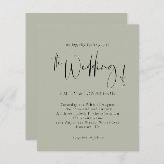 Lámina Invitación a la boda verde Pale Sage con guión de  (Anverso / Reverso)