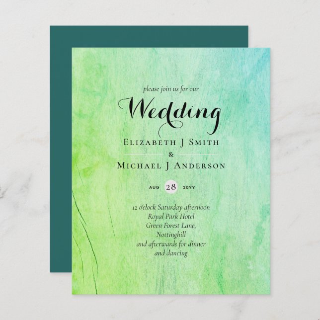 Lámina Invitación a la boda verde Verde azulada con cargo (Anverso / Reverso)