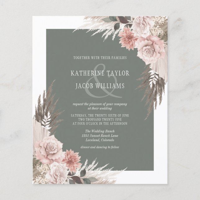 Lámina Invitación a la Boho Floral Sage Green Wedding (Anverso)