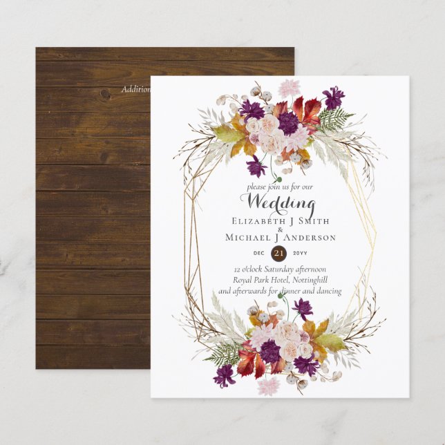 Lámina Invitación a la caída del Boda floral de ciruelas  (Anverso / Reverso)