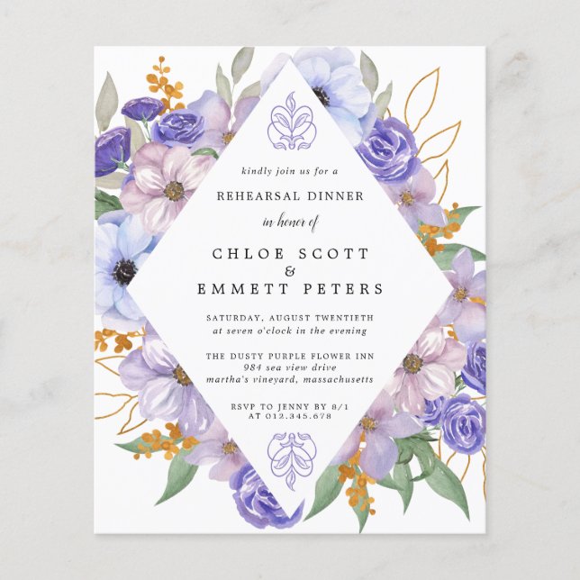 Lámina Invitación a la cena con ensayo floral púrpura de  (Anverso)