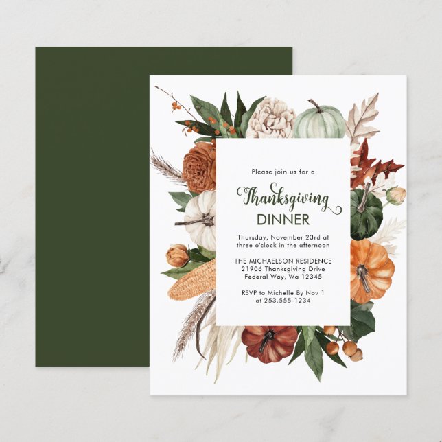 Lámina Invitación a la cena de Acción de Gracias Verde Rú (Anverso / Reverso)