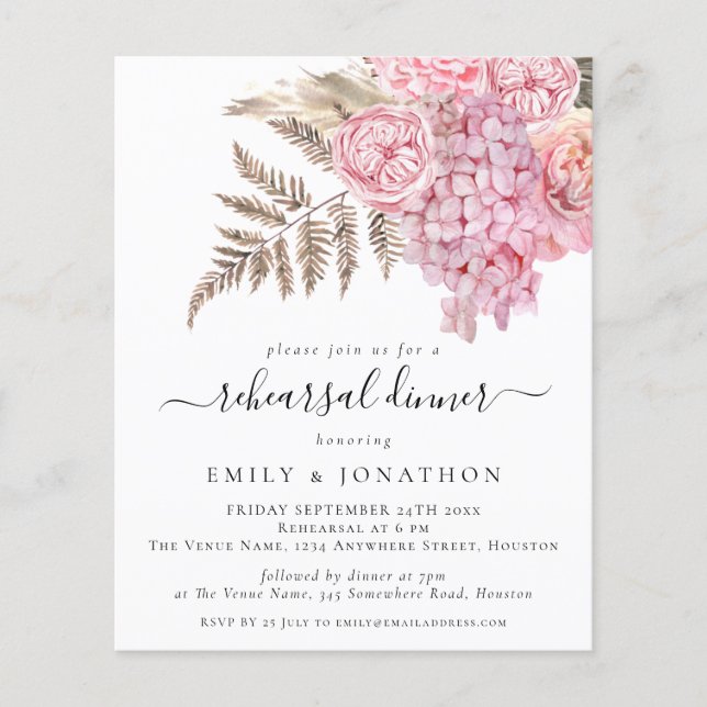 Lámina Invitación a la cena de ensayo de Boho Pink Floral (Anverso)