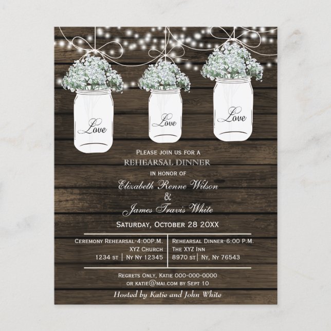 Lámina Invitación a la cena de ensayo de Mason Jar, Barn  (Anverso)