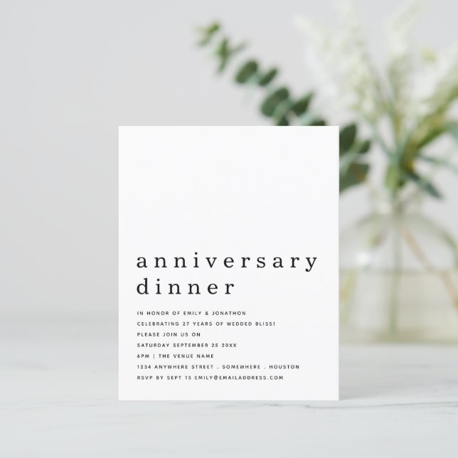 Lámina Invitación a la cena del aniversario blanco negro  (Anverso de pie)