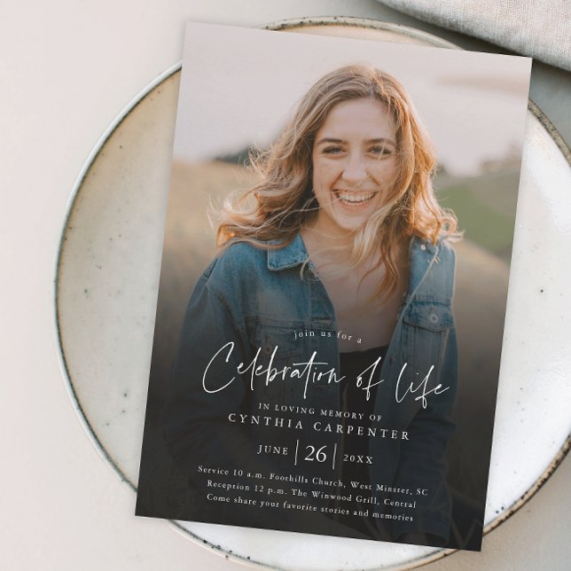 Lámina Invitación a la conmemoración del presupuesto de l (Modern handwritten script celebration of life budget photo memorial invitation.)