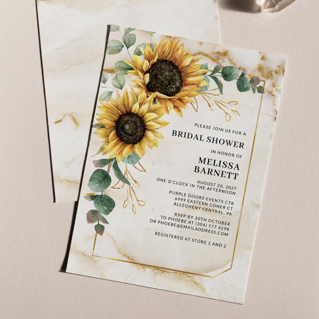Lámina Invitación a la ducha con flores de girasol (Sunflower Eucalyptus Bridal Shower with Marble Background Invitation)