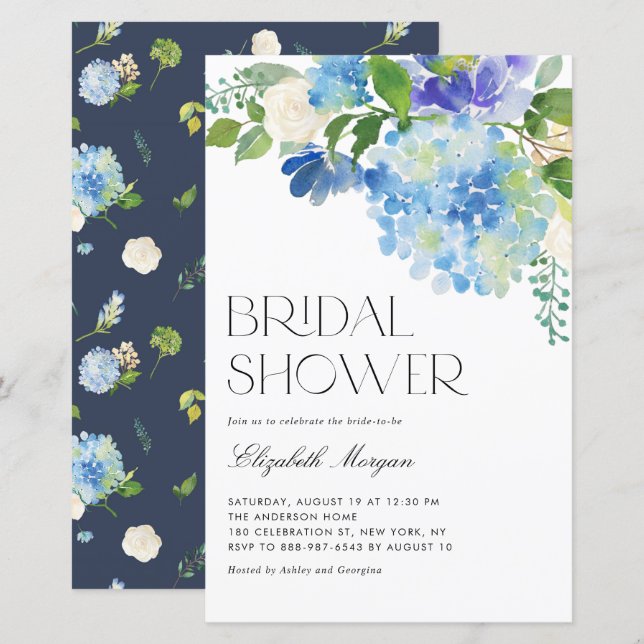 Lámina Invitación a la ducha de agua azul Hydrangea Brida (Anverso / Reverso)