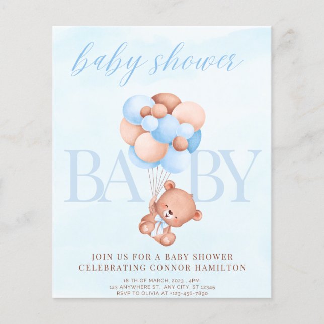 Lámina invitación a la ducha de bebé, azul, bebé (Anverso)