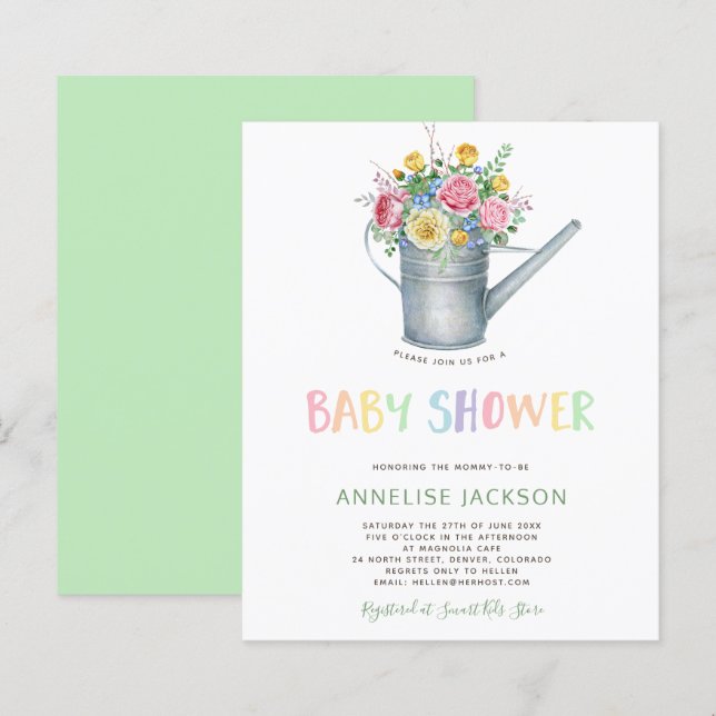 Lámina Invitación a la ducha de bebé con presupuesto flor (Anverso / Reverso)