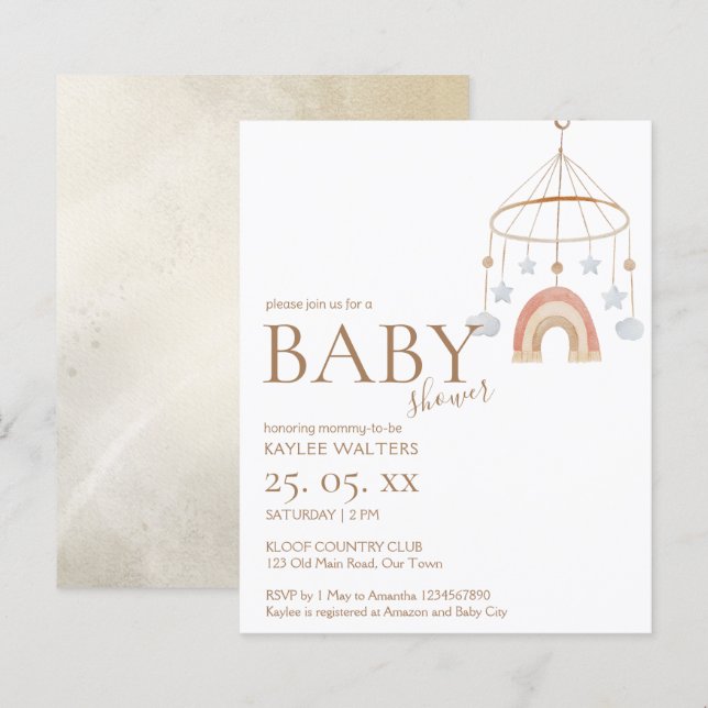 Lámina Invitación a la ducha de bebé con presupuesto móvi (Anverso / Reverso)